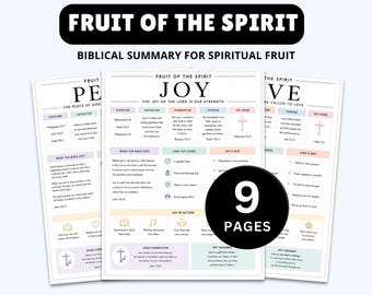 Op de afbeelding: Een set van negen printbare pagina's getiteld Fruit of the Spirit, met een bijbelse samenvatting voor geestelijke vruchten. Elke pagina bevat secties voor schriftteksten, definities, fundamenten, doelen, kernverzen en acties, met pastelkleurige accenten.