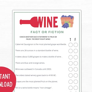 Wine Trivia | Wine Party Games | Wine Tasting Party | Wine Games | Wine Themed Party | Wine Fact or Fiction | Printable Wine Games