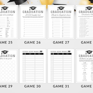 May include: Eight black and white graduation party game cards are displayed. Each card has a graduation cap graphic and the year "2026". Games include "College Care Package", "Bucket List", and "What's in Your Purse?"