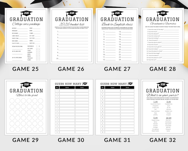 May include: Eight black and white graduation party game cards are displayed. Each card has a graduation cap graphic and the year "2026". Games include "College Care Package", "Bucket List", and "What's in Your Purse?"