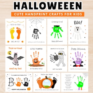 Könnte beinhalten: Eine Sammlung von zehn druckbaren Halloween-Bastelvorlagen für Kinder mit Hand- und Fußabdruck-Kunst. Die Designs zeigen Geister, Kürbisse, Fledermäuse, Mumien und Monster mit Texten wie Trick-or-Treat, Boo und Happy Halloween.