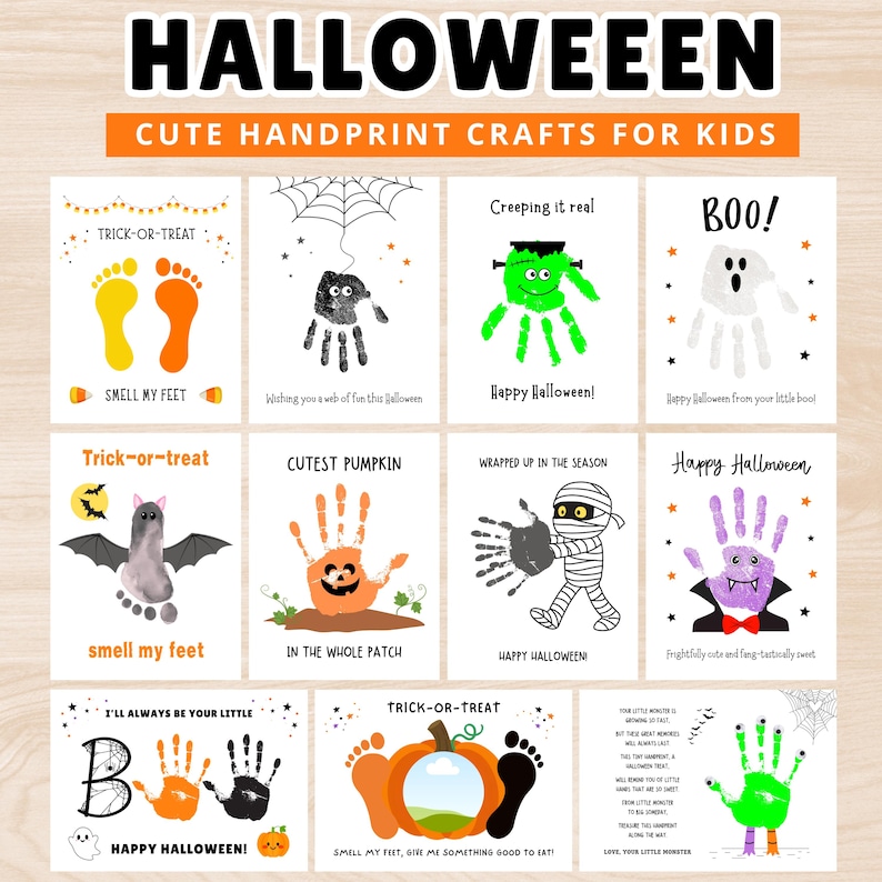 K&ouml;nnte beinhalten: Eine Sammlung von zehn druckbaren Halloween-Bastelvorlagen f&uuml;r Kinder mit Hand- und Fu&szlig;abdruck-Kunst. Die Designs zeigen Geister, K&uuml;rbisse, Flederm&auml;use, Mumien und Monster mit Texten wie Trick-or-Treat, Boo und Happy Halloween.