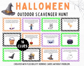 May include: A Halloween outdoor scavenger hunt game with 16 clues. The design features a witch's hat, spiderwebs, and illustrated clues on colourful cards. Text includes "Halloween Outdoor Scavenger Hunt" and instructions for play.
