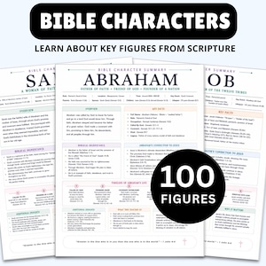 Könnte beinhalten: Ein Set aus pädagogischen Zusammenfassungsblättern mit dem Titel BIBLE CHARACTERS, die detaillierte Informationen zu Figuren wie Abraham, Sarah und Jakob enthalten. Jede Seite umfasst Abschnitte zu Überblick, Fakten und 100 Figuren.
