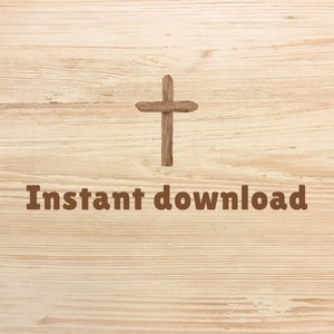 May include: A wooden cross on a light brown wood background with the text "Instant download" below it.