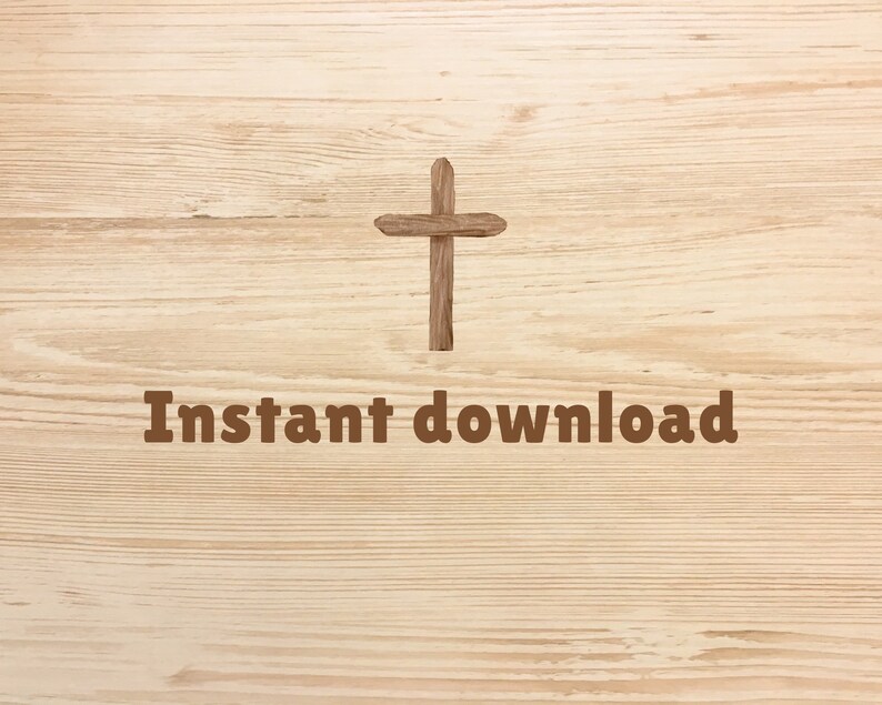 May include: A wooden cross on a light brown wood background with the text "Instant download" below it.