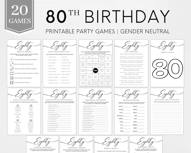 May include: A set of 20 printable party games for an 80th birthday. The games are gender neutral and have a black and white design with the word "Eighty" in a script font.
