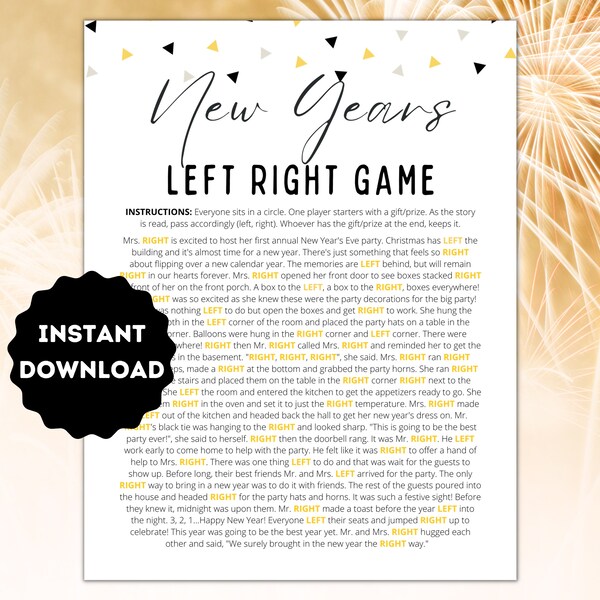 Left Right New Years | New Years Right Left Game | New Years Eve Game | Fun New Years Game | New Years Adults Kid Groups | Printable Games