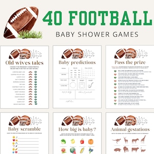 Op de afbeelding: Een set met printbare babyshower-spellen met een voetbalthema. De spellen omvatten "Oude Vrouwenverhalen", "Babyvoorspellingen", "Prijs doorgeven", "Baby Scramble", "Hoe groot is de baby?" en "Dierlijke draagtijd".