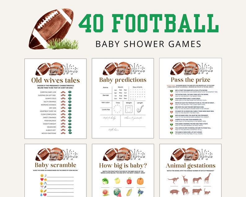 Op de afbeelding: Een set met printbare babyshower-spellen met een voetbalthema. De spellen omvatten "Oude Vrouwenverhalen", "Babyvoorspellingen", "Prijs doorgeven", "Baby Scramble", "Hoe groot is de baby?" en "Dierlijke draagtijd".