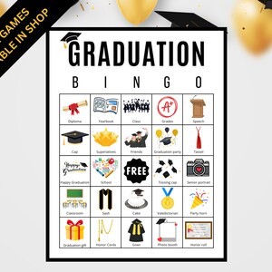 May include: A printable graduation bingo card with images and text. The card has a free space in the center and 24 other squares with images and text related to graduation, such as a diploma, yearbook, class, grades, speech, cap, superlatives, friends, graduation party, tassel, happy graduation, school, tossing cap, senior portrait, classroom, sash, cake, valedictorian, party horn, graduation gift, honor cords, gown, photo booth, and honor roll.