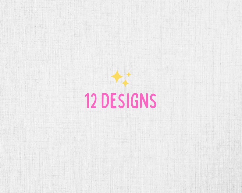 Puede incluir: Un fondo blanco con un texto rosa que dice "12 DESIGNS". Hay cuatro peque&ntilde;as estrellas amarillas sobre el texto.