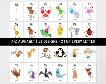 Pode incluir: Um gráfico do alfabeto A-Z com 52 desenhos de impressões de mãos, dois para cada letra. Cada desenho apresenta um animal diferente, como uma alpaca, um urso, um caranguejo, um dinossauro, um elefante, um flamingo, uma girafa, um cavalo, uma iguana, um jaguar, um coala, uma joaninha, um macaco, um tritão, uma coruja, um pinguim, uma abelha rainha, um coelho, um peru, um unicórnio, um morcego vampiro, uma baleia, um xerus e um yak.