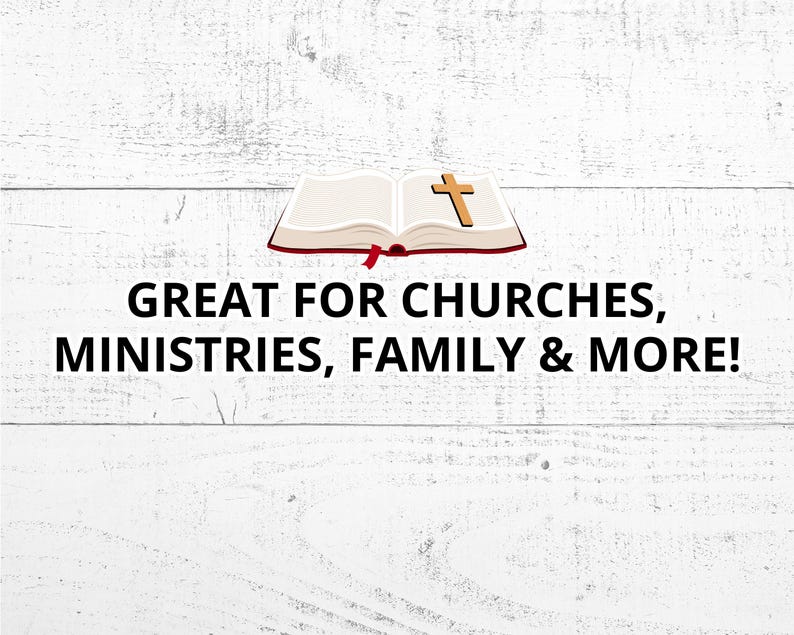 Puede incluir: Un libro abierto con una cruz de madera sobre las p&aacute;ginas, acompa&ntilde;ado del texto en negro: GREAT FOR CHURCHES, MINISTRIES, FAMILY & MORE! El dise&ntilde;o est&aacute; sobre un fondo de veta de madera blanca, con un marcap&aacute;ginas de cinta roja.
