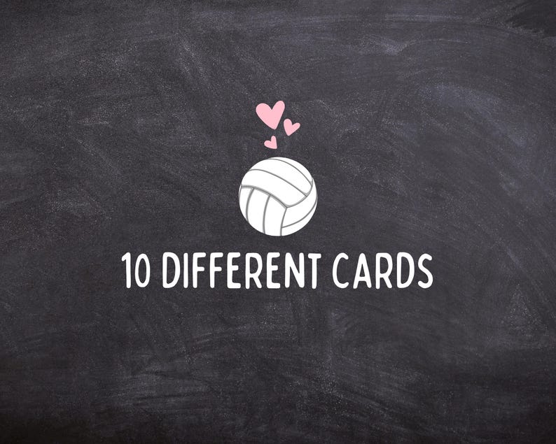 May include: A chalkboard with a white volleyball and pink hearts, with the text "10 DIFFERENT CARDS" written below.