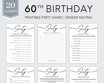 May include: A set of printable party games for a 60th birthday. The games are gender neutral and include titles like "Who Knows Best?", "Things I Love About You", "Quick, Think!", "Plate on Your Head", "Pass the Prize", and "This or That".