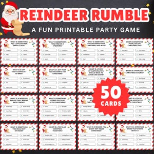 May include: A printable Christmas party game titled "Reindeer Rumble" with 50 cards. The game features a Santa Claus graphic and various Christmas-themed questions. The cards are arranged on a black background with festive decorations.