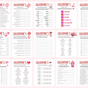 May include: A set of 12 printable Valentine's Day game cards featuring pink and red hearts, flowers, and other Valentine's Day imagery. The games include "A Loving Debate", "Think Quick", "Matching Cupids", "Candy Dice", "Gratitude Game", "Fact or Fiction", "What is Cupid Thinking", "How Many in the Jar", "What's in Your Purse", "Love is in the Words", "A-Z Race", "What's on Your Phone", "Wine Tasting", "Pick Up Lines", and "Share Your Favs".
