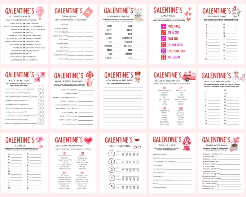 May include: A set of 12 printable Valentine's Day game cards featuring pink and red hearts, flowers, and other Valentine's Day imagery. The games include "A Loving Debate", "Think Quick", "Matching Cupids", "Candy Dice", "Gratitude Game", "Fact or Fiction", "What is Cupid Thinking", "How Many in the Jar", "What's in Your Purse", "Love is in the Words", "A-Z Race", "What's on Your Phone", "Wine Tasting", "Pick Up Lines", and "Share Your Favs".