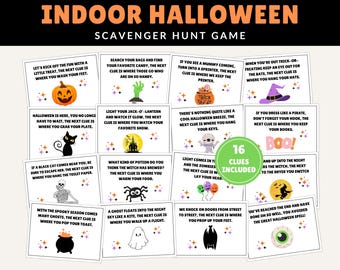 May include: A set of 16 Halloween-themed scavenger hunt game cards with colourful illustrations and instructions. The cards feature a variety of Halloween characters and objects, including a pumpkin, a ghost, a witch, a black cat, a zombie, and a pirate. The cards are printed on white cardstock with black borders and a black star pattern.