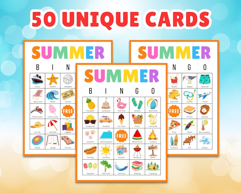 May include: Three colorful summer bingo cards with orange borders. Each card features summer-themed illustrations and the words "SUMMER BINGO". The top text reads "50 UNIQUE CARDS".