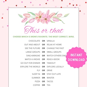 Mother&#39;s Day This or That | Mothers Day Game | Games for Mom | Mothers Day Party Game | Mothers Day Ideas | Fun Mothers Day Game | Printable