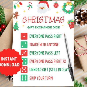 Cadeauruil dobbelstenen | Cadeauruilspel | Kerstcadeauspel | Geef het cadeau-spel door | Kerstspellen | Kerstfeestspellen | Afdrukbaar