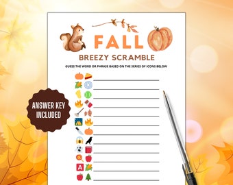 Puede incluir: Un juego de otoño imprimible con una ardilla, una calabaza y hojas. El juego se llama "Breezy Scramble" y pide a los jugadores que adivinen la palabra o frase en función de una serie de iconos a continuación. La clave de respuestas está incluida.