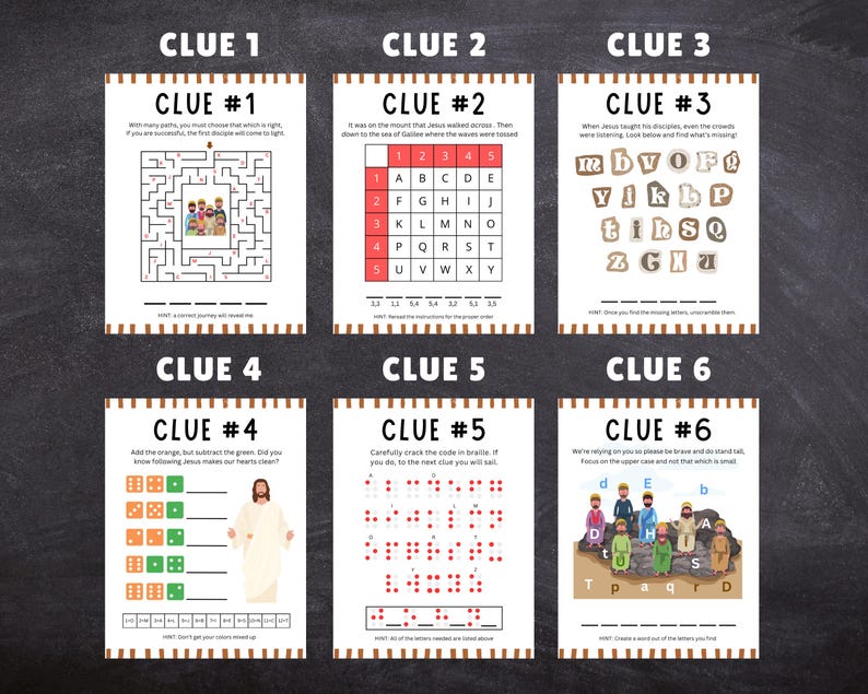 Puede incluir: Seis hojas de actividades educativas con los t&iacute;tulos "Pista 1" a "Pista 6". Cada hoja presenta un rompecabezas o juego diferente, incluyendo un laberinto, una b&uacute;squeda de palabras y un c&oacute;digo braille. Las hojas est&aacute;n dise&ntilde;adas con un borde marr&oacute;n y texto.