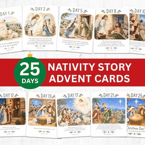May include: A set of 25 Nativity story advent cards featuring illustrated scenes from the biblical Christmas narrative. Each card displays a specific day number, a colorful watercolor-style depiction of religious events, and corresponding scripture text.