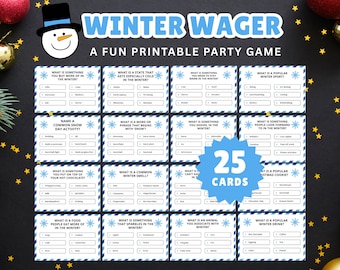 May include: A printable party game titled "Winter Wager" with a snowman graphic. The game includes 25 cards with winter-themed questions. The cards are arranged on a black background with gold star decorations and a festive holiday theme.