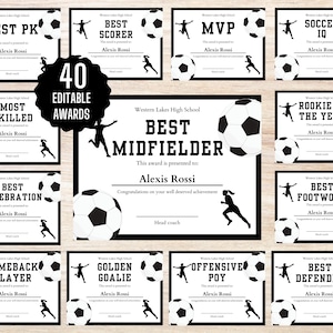 Puede incluir: Un conjunto de 40 certificados de premio de fútbol con gráficos en blanco y negro. Los certificados son editables y presentan un balón de fútbol, una silueta de jugador y texto como "Mejor centrocampista", "Novato del año" y "Mejor defensor".