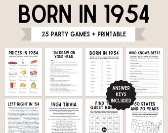 70th Birthday Party Games | Born in 1954 | 70th Birthday Games | 1954 Games | 1954 Birthday Game | 1954 Trivia | Printable 1954 Games