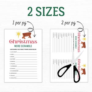 Op de afbeelding: Printbare kerstwoordzoekspel in twee verschillende formaten. Het spel bevat een kribbe sc&egrave;ne met een ster en de woorden "Christmas Word Scramble".