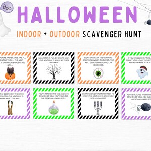 May include: A set of eight Halloween-themed scavenger hunt cards with orange, green, and purple backgrounds. Each card features a different Halloween-themed image and a riddle or clue. The text on the cards includes phrases like "The Spooks and Scares are all for good thrill", "Halloween is fun, oh what a bash", "Light comes in the morning", "If you dress like a pirate", "Don't be deceived by the witch", "You've reached the end and have done oh so well", "We knock on doors from street to street", and "You've reached the end and have done oh so well".