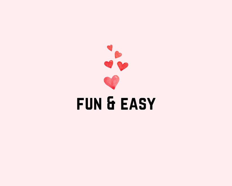 May include: A graphic design with the text "FUN & EASY" in black lettering. There are six red watercolor hearts scattered around the text.