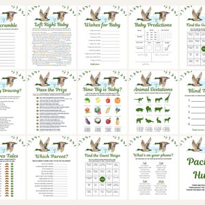 May include: A set of 12 printable baby shower game cards featuring a watercolor illustration of a duck. The games include Baby Scramble, Left Right Baby, Wishes for Baby, Baby Predictions, Find the Guest Bingo, Blind Baby Drawing, Pass the Prize, How Big is Baby, Animal Gestations, Blind Tasting, Old Wives Tales, Which Parent, Find the Guest Bingo, What's on Your Phone, and Pacifier Hunt.