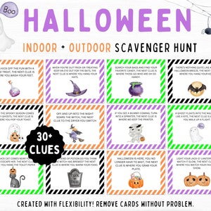 May include: A set of 12 colorful Halloween scavenger hunt cards with illustrated clues. The cards feature a variety of Halloween themes, including ghosts, bats, witches, and pumpkins. The cards are printed on white cardstock with black and white stripes and orange and purple stripes. The text on the cards reads "Halloween Indoor Outdoor Scavenger Hunt" and "30+ Clues".