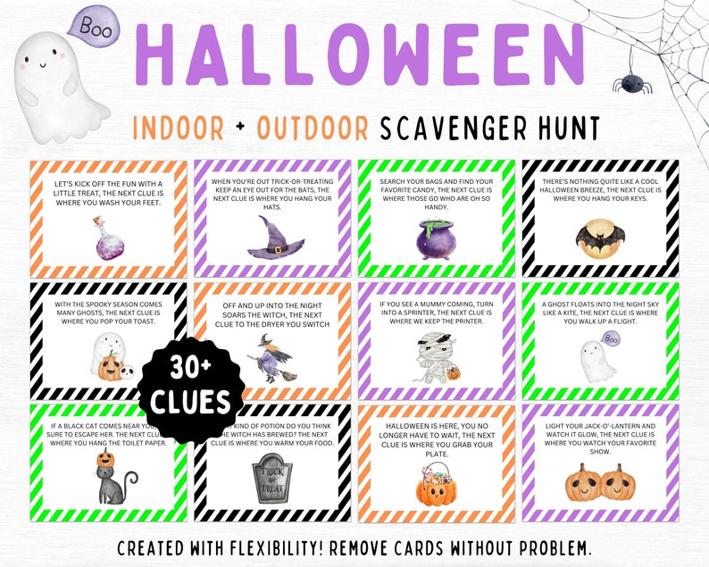 May include: A set of 12 colorful Halloween scavenger hunt cards with illustrated clues. The cards feature a variety of Halloween themes, including ghosts, bats, witches, and pumpkins. The cards are printed on white cardstock with black and white stripes and orange and purple stripes. The text on the cards reads "Halloween Indoor Outdoor Scavenger Hunt" and "30+ Clues".