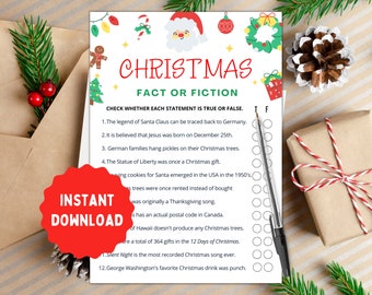 May include: A printable Christmas fact or fiction game with 12 questions. The game is designed to be played with a pen or pencil to mark true or false answers. The game features a festive Christmas theme with illustrations of Santa Claus, gingerbread men, and Christmas trees.
