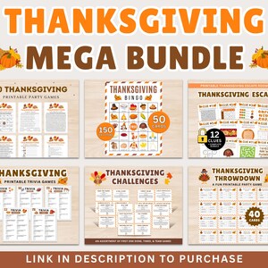 Puede incluir: Un Thanksgiving Mega Bundle que incluye juegos de fiesta imprimibles, bingo con 150 tarjetas, un kit de escape room con 12 pistas, juegos de trivia, desaf&iacute;os y un juego de throwdown, todo con gr&aacute;ficos de tem&aacute;tica oto&ntilde;al.