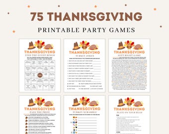 Puede incluir: Una colección de 75 juegos de fiesta imprimibles para Acción de Gracias con seis hojas de actividades distintas. Cada hoja muestra un sombrero marrón, un pavo colorido y un gráfico de pavo asado con texto que incluye Find the Guest Bingo, Turkey Jokes, Left Right Game, Pass the Prize, Turkey Scramble y Plate on Your Head.