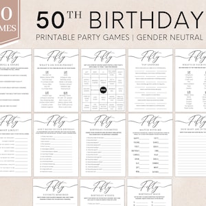 以下が含まれることがあります： 50歳の誕生日のお祝いに使える、印刷可能なパーティーゲーム20個セット。ゲームは性別を問わず、黒と白のデザインで、「フィフティ」という単語が装飾的なフォントで書かれています。