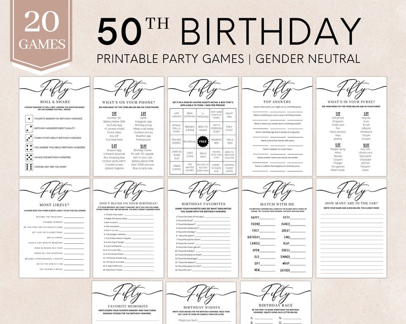 以下が含まれることがあります： 50歳の誕生日のお祝いに使える、印刷可能なパーティーゲーム20個セット。ゲームは性別を問わず、黒と白のデザインで、「フィフティ」という単語が装飾的なフォントで書かれています。