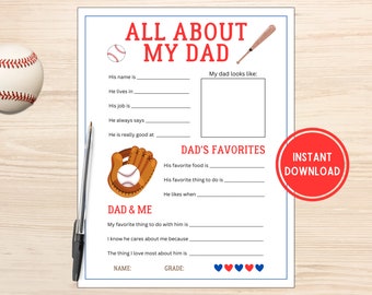 May include: Printable worksheet with a baseball theme for kids to learn about their dad. It includes questions about his name, job, favorite food, and things he likes to do. There are also sections for the child to write about their favorite things to do with their dad and what they love most about him.
