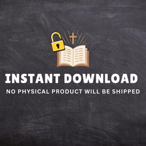 Puede incluir: Gr&aacute;fico de descarga digital sobre un fondo oscuro. La imagen presenta un candado amarillo, un libro abierto con una cruz encima y las palabras "INSTANT DOWNLOAD" en blanco. Tambi&eacute;n se incluye el texto "NO PHYSICAL PRODUCT WILL BE SHIPPED".