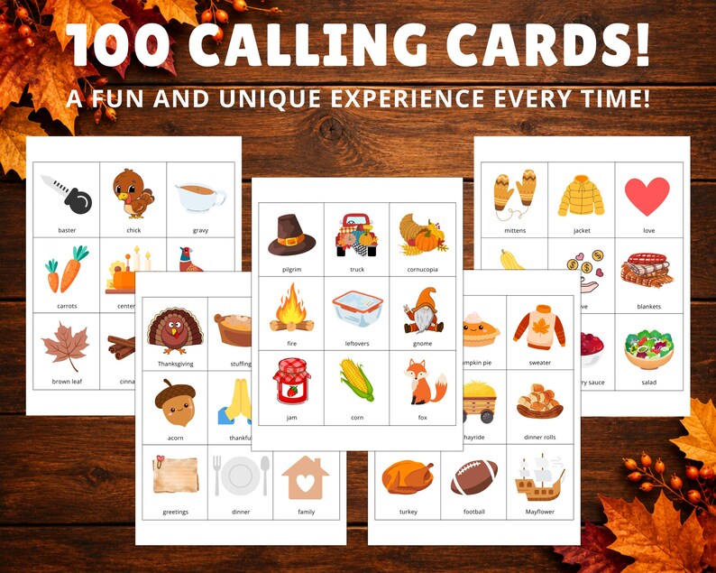 Puede incluir: Un conjunto de 100 tarjetas de juego con ilustraciones coloridas de temas de Acci&oacute;n de Gracias y oto&ntilde;o. Cada tarjeta muestra un peque&ntilde;o gr&aacute;fico y una etiqueta correspondiente, como pavo, ma&iacute;z, pastel de calabaza y hojas oto&ntilde;ales.