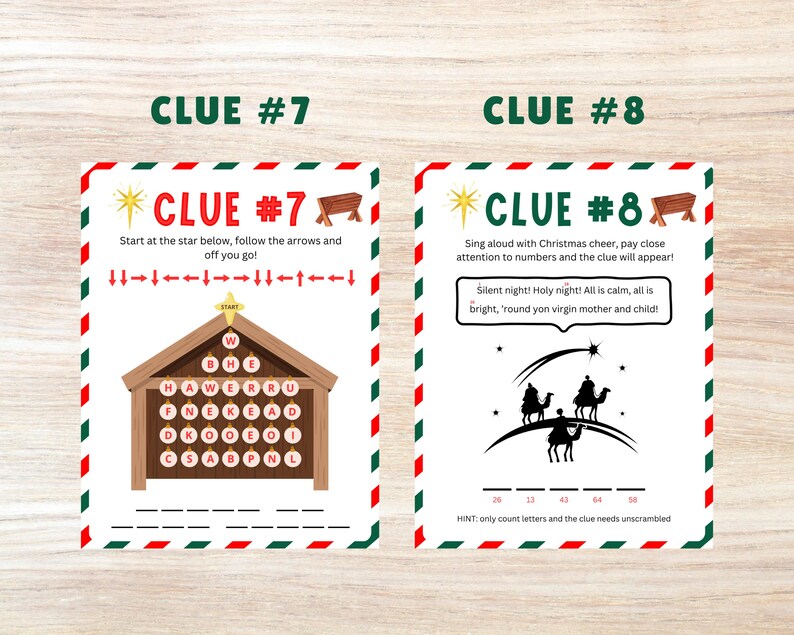 May include: Two Christmas-themed printable clue cards with a red and green striped border. The first card has a word search puzzle with the word "WREATH" hidden in the letters. The second card has a silhouette of three wise men riding camels with a star above them. The text on the second card says "Sing aloud with Christmas cheer, pay close attention to numbers and the clue will appear! Silent night! Holy night! All is calm, all is bright, 'round yon virgin mother and child!"