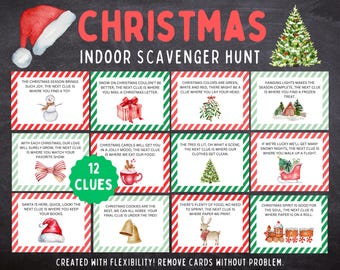May include: A set of 12 Christmas-themed scavenger hunt cards with red and green striped backgrounds. Each card features a different Christmas-themed image and a clue for the scavenger hunt. The cards are printed on white cardstock and have a festive, whimsical design.