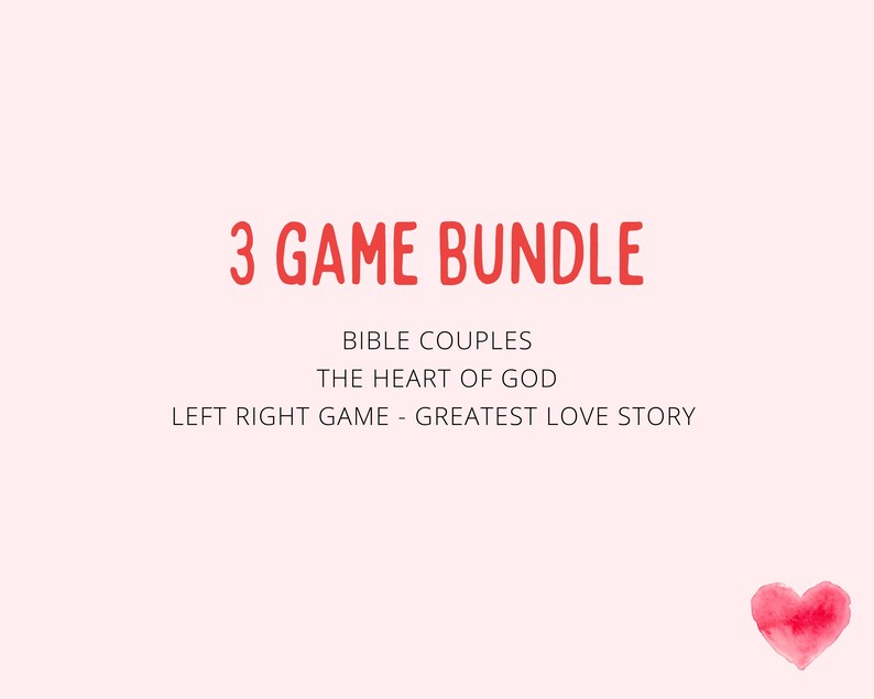 May include: A pink background with red text that reads "3 GAME BUNDLE". Below the text is a list of three games: "BIBLE COUPLES", "THE HEART OF GOD", and "LEFT RIGHT GAME - GREATEST LOVE STORY". A red watercolour heart is in the bottom right corner.